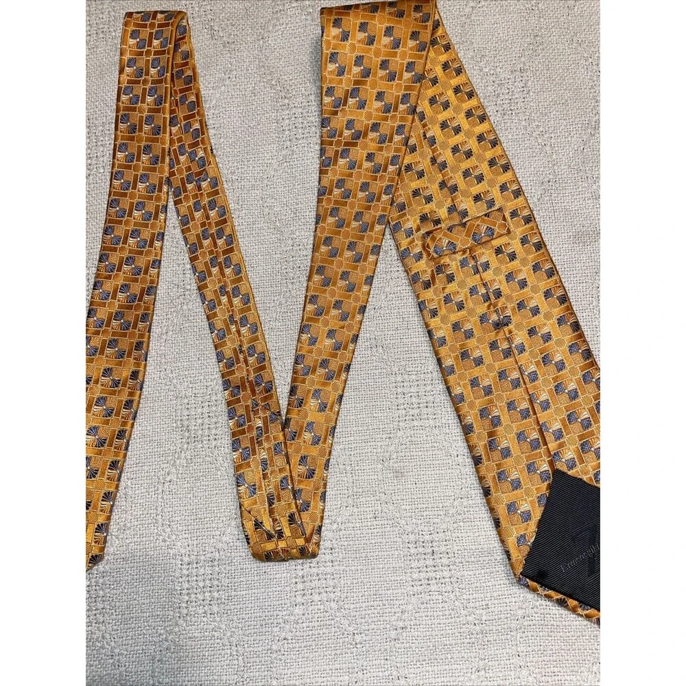 Ermenegildo Zegna Men’s Dress Tie Size 60” 3.5” Orange Geometric Jacquard Formal